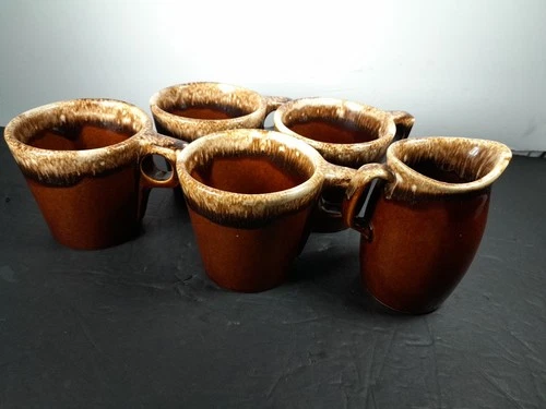 4x Vintage Hull Pottery Oven Proof USA Brown Drip Glaze Coffee Mugs W/ Creamer