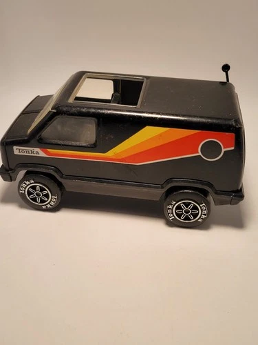 Vintage 1970's Tonka Black Metal Van With Graphics 9” Long in Great Shape!