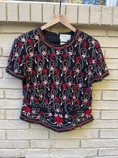 Vintage Papell Boutique Beaded Embroidery 100% Silk Top L Large Black Red