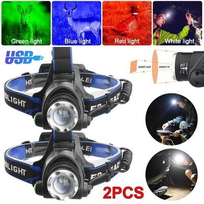 2PCS Multicolor Zoom LED Headlamp Head Light Predator Hunting Lamp Torch Warning