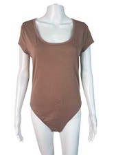 Old Navy Women's Bodysuit Top Taupe Fitted Short Sleeve Snap Close Size L NWT