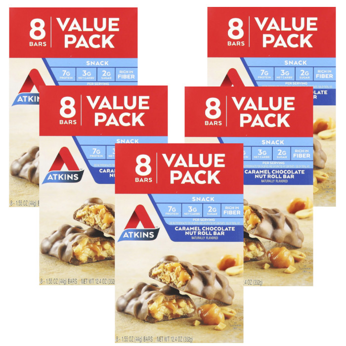 Atkins Snack Bar Caramel Chocolate Nut Roll – Value Pack 8 Bars Each (5 Boxes)