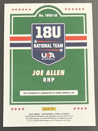 2022 USA Stars & Stripes 18U Nat'l Team Auto Blue Ink #18US-JA Joe Allen /499 - Picture 2 of 2