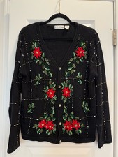 Vintage B.P. Design Black Poinsettia Beaded Embroidered Christmas Cardigan Large