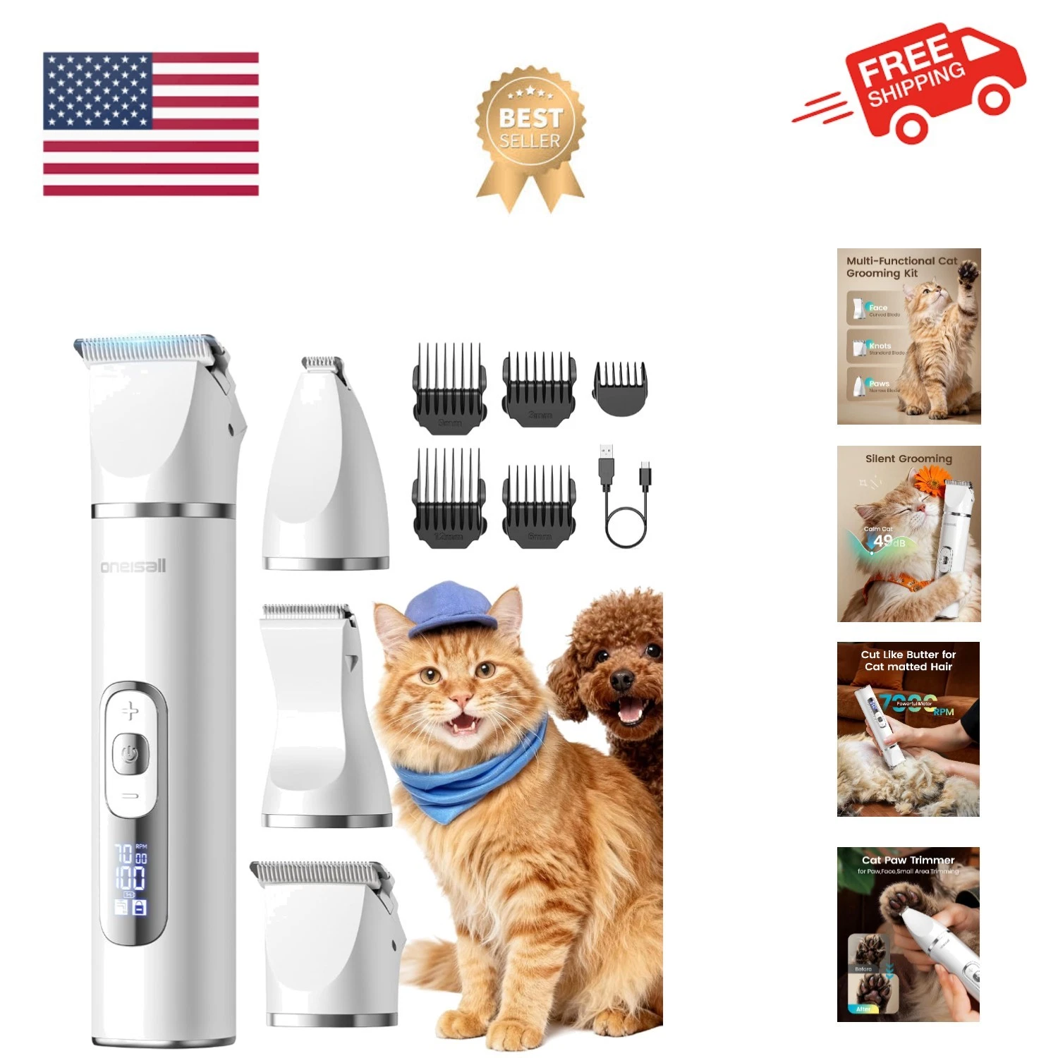 Quiet Cat Clippers for Matted Hair, 3 in 1 Cat Grooming Kit with LCD Display,...