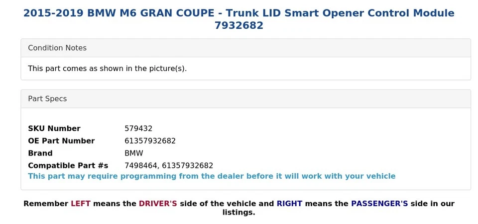 BMW M6 GRAN CUPÉ 2015-2019 - Módulo de control de abridor inteligente tapa maletero 7932682 Foto 4 de 4