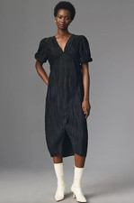 NWT By Anthropologie V-Neck Pleated Slim Midi Dress in Size XS Petite Black NEW