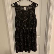 PINKY Size Large Little Black Party Dress Gold Lace Overlay Lined Sleeveless