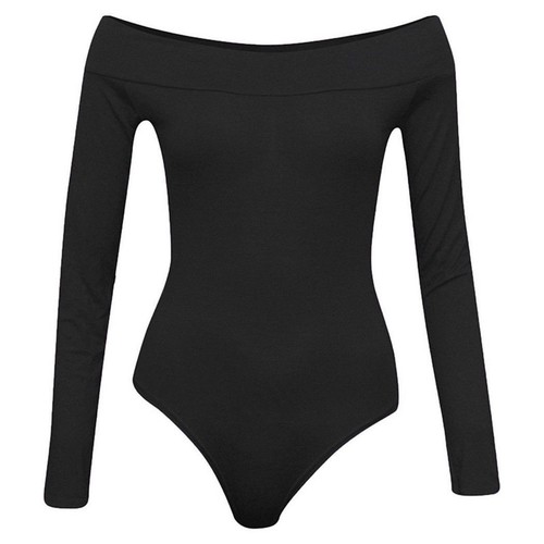 Womens Ladies Off Shoulder Long Sleeve Bardot Bodysuit Leotard Top Plain Stretch - Picture 2 of 14