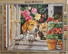 Royal Paris DOG, CAT,  FLOWERS IN WINDOW needlepoint canvas 18.75"x14.5" 14298