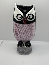 MURANO Owl Pink Black 8" Owl Glass Sculpture