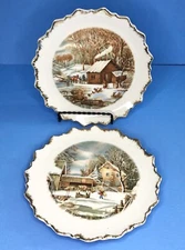Set of 2 Decorative Plates Currier and Ives Homestead In The Wilderness Cabin 7"