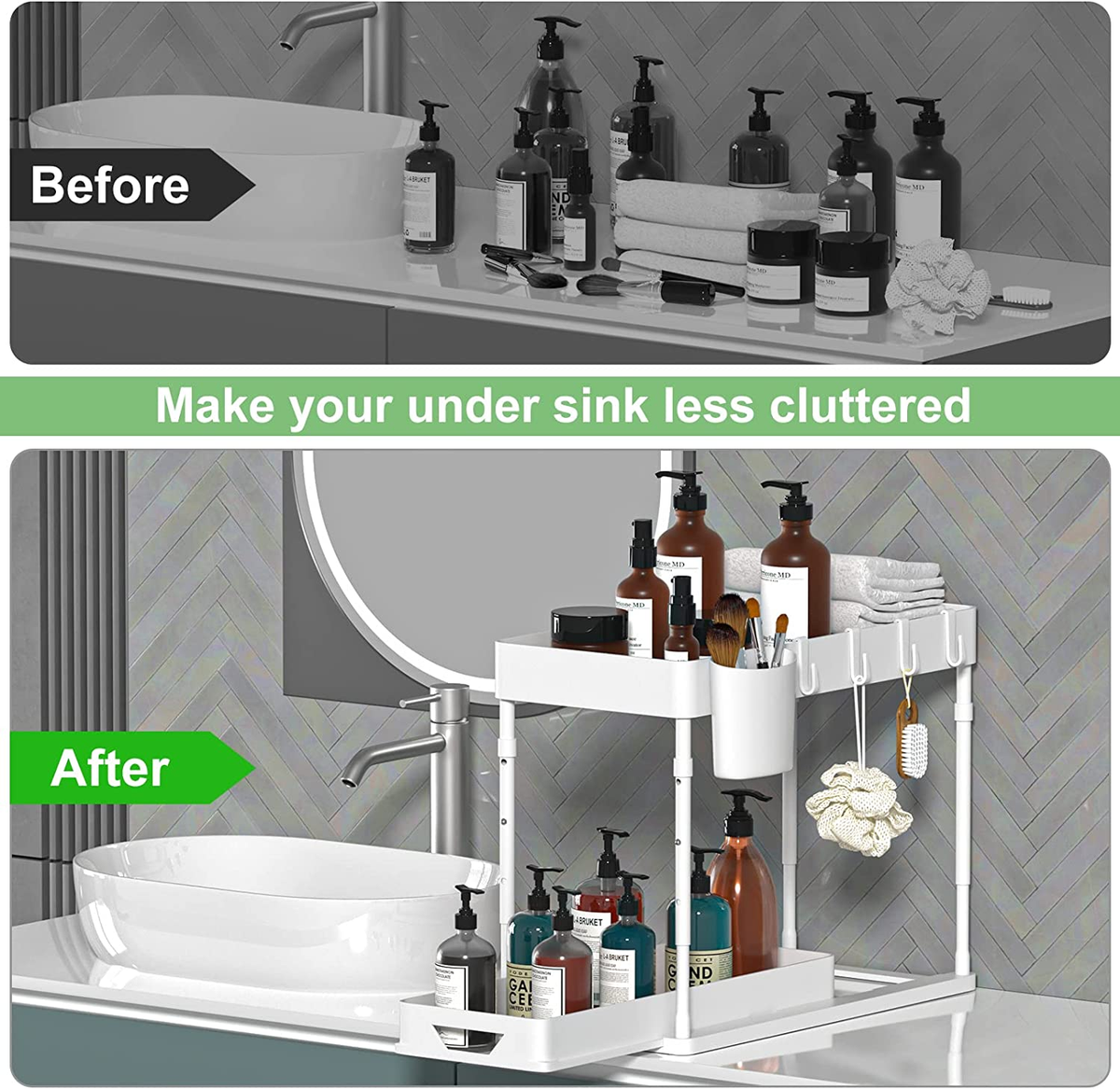 Organizer Sottolavello, Scaffale A 2 Ripiani Con 6 Ganci E 2 Supporti Portatazze 42 5x22x40cm Bianco Relaxdays 90688017