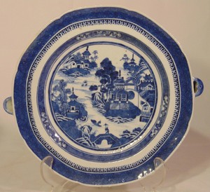 18th C Chinese Export Blue White Canton Porcelain Hot Water Warmer Serving Plate