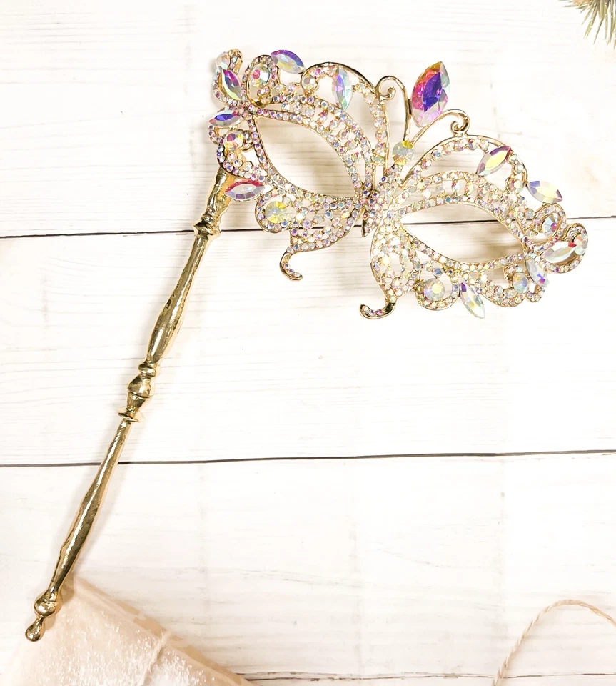 Masquerade Mask with Stick, Wedding Party Gold Stick Mask, Prom Crystal Mask - Image 3 of 4