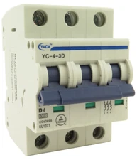YuCo YC-4-3D Miniature Din Rail Circuit Breaker D-Curve 4-Amp 3P 480VAC 220VDC
