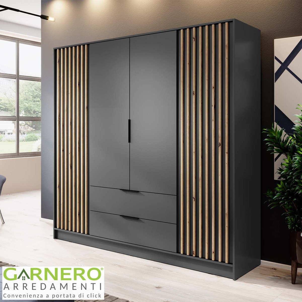 Armadio ante con cassetti 206x200cm antracite quercia camera da