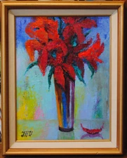 Still life with red lilies. Original framed  oil on canvas 9.5"x12.5" painting