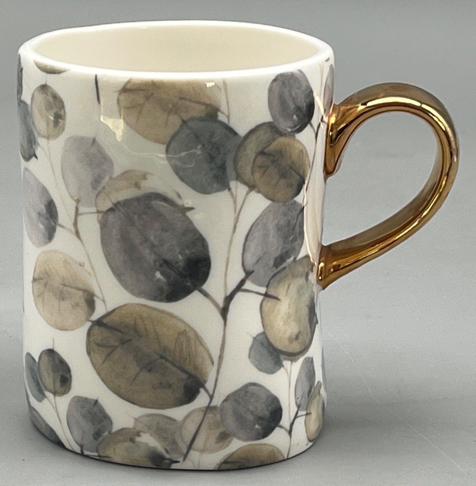 Pier 1 Imports Ceramic Coffee Tea Mug Cup Leaves Leaf Sleek Modern Gold Handle