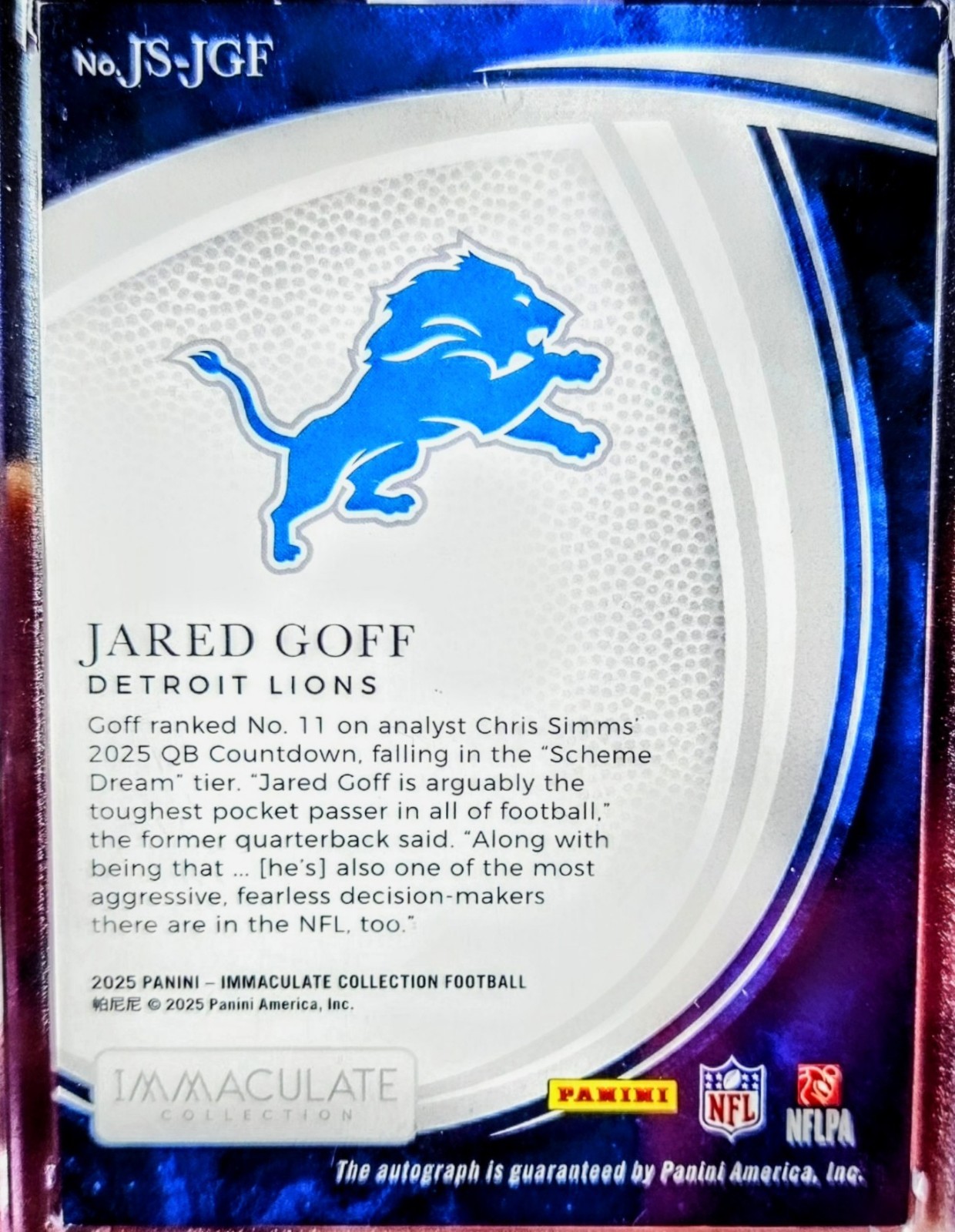 2025 Panini Immaculate Jared Goff Jubilee Auto /49 #JS-JGF Detroit Lions (76 Cha view 3