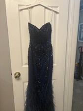 Jovani Blue Corset Beaded Sequin Feather Strapless Long Gown Dress Size 00.
