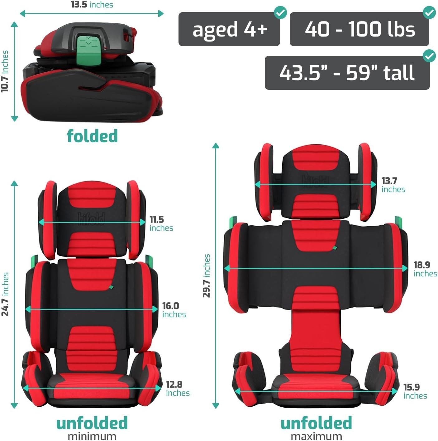 Mifold Hifold Adjustable Kids High Back Booster Car Seat with Strap Racing Red