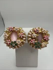 Vintage 1950’s Unsigned Miriam Haskell Pink Floral Gold Tone Clip Earrings