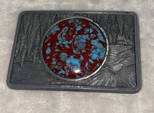 VTG Western Native American Style Belt Buckle Pewter Turquoise Enamel 3  x 2  VGC