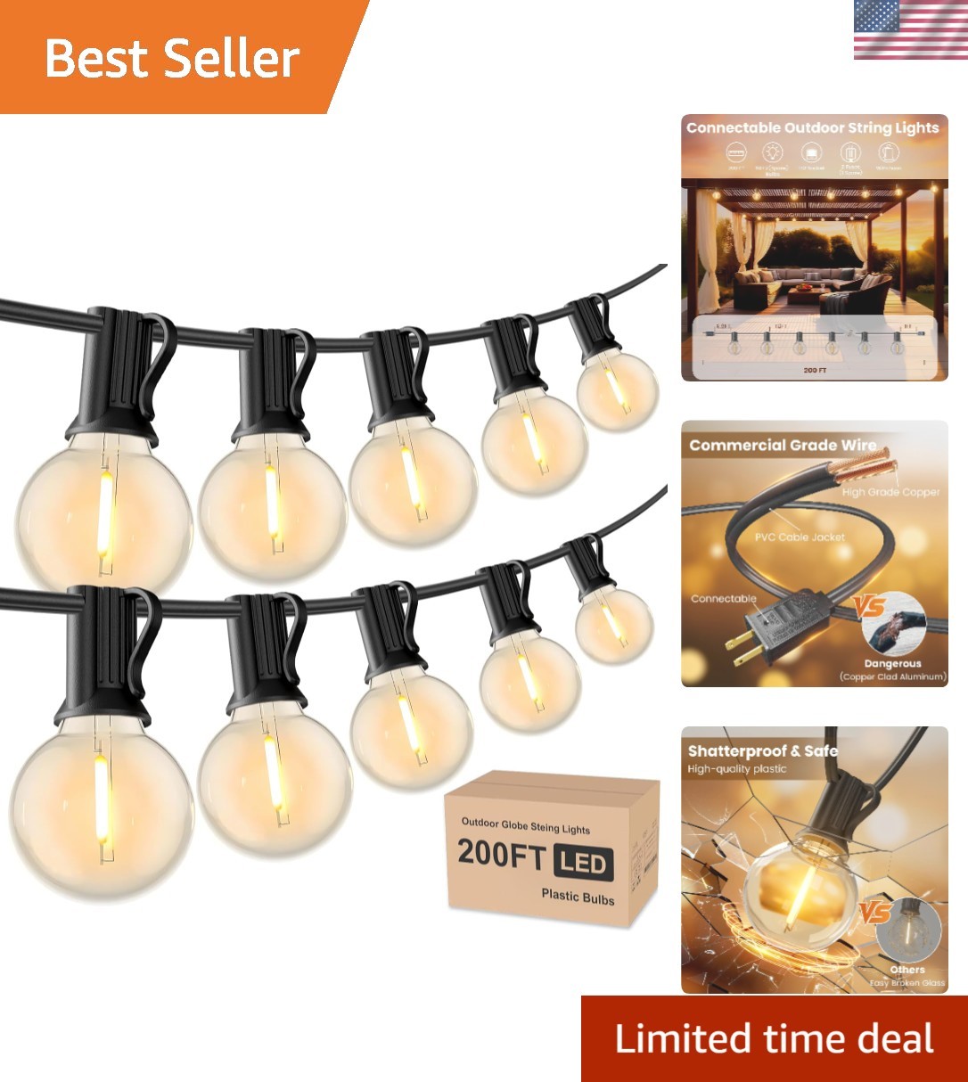 Outdoor String Lights 200ft Waterproof Globe LED Patio Decor for Garden Party