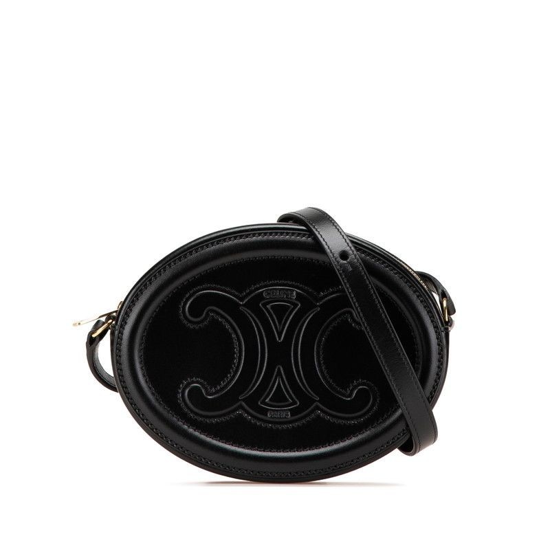 Celine Triomphe Oval Shoulder Bag Logo Leather Black Gold USED Auth #S3503
