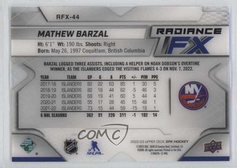 2022-23 SPx Radiance F/X Red /249 Mathew Barzal #RFX-44 - Image 2 of 2