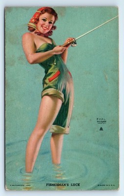 EARL MORAN FISHERMAN'S LUCK CHEESECAKE PIN-UP Mutoskop Karte GLAMOUR RISQUE