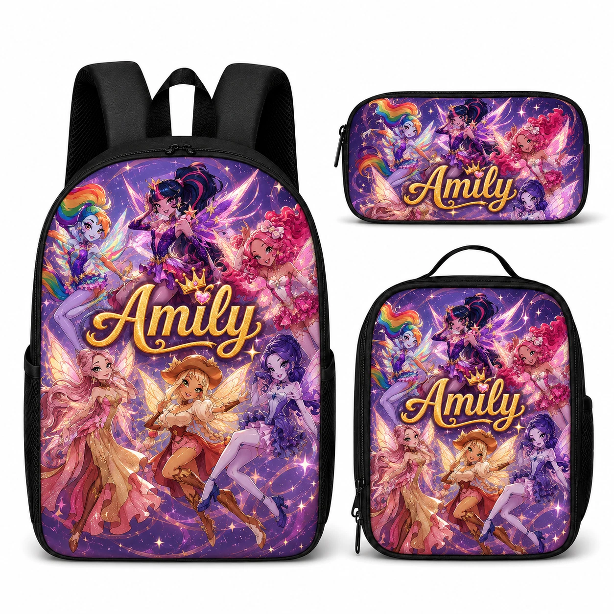Fantasy Fairy Backpack Girls School Bag Pencil Case Lunch Bag Set Personalized N