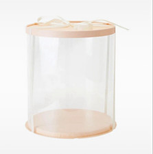 Round PVC Cake Box Clear with Pink/Peach Lid & Base, Ribbon Handle, Solid
