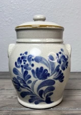 VINTAGE PRESTIGE PLACE GINGER JAR CROCK w/LID Folk Art Blue Floral Pottery Japan