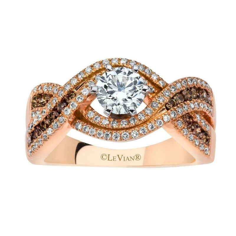 LeVian 14K Two Tone Gold Wavy Wedding Ring with 1.26 cts White & Brown Diamonds