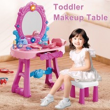 Toddler Makeup Table with Mirror and Chair Kids Vanity Set w/Blowdryer for 3+