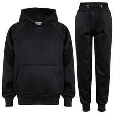 Kids Girls Boys Plain Black Hooded Sweat Hoodie Tracksuit Jogging Suit Joggers
