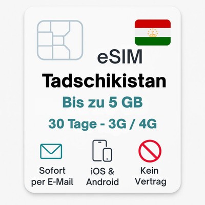 Tadschikistan (Tajikistan) eSIM Datentarif digitale e SIM - per Mail- ohne Te...
