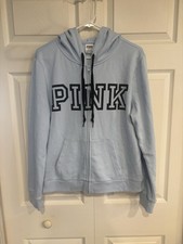 Victoria  s Secret PINK Full Zip Powder Blue Hoodie Sz L Block Letters HTF VGEUC