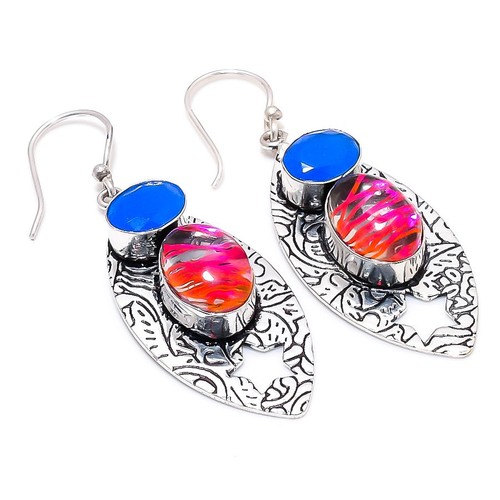 Pink Rutile, Chalcedony Gemstone 925 Sterling Silver Jewelry Earring 2.36 "
