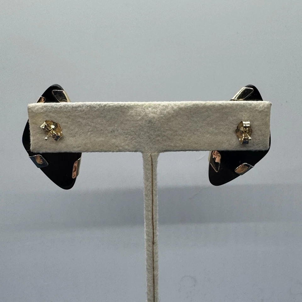 Винтажные серьги из желтого золота 14 карат с ониксом крест-накрест 80-е 4,23 г День матери - Изображение 3 из 4