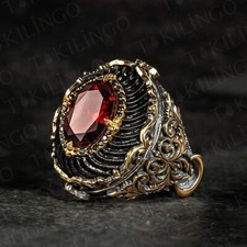 925 Sterling Silver Black Red Zircon Men Ring, Handmade Engraved Men's Ring