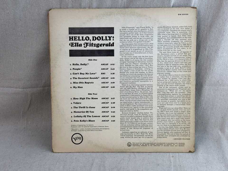 Hello Dolly - Ella Fitzgerald ~ 1964 VINYL LP SW-90026 ~ VG+ ~ Ultrasonic Clean! Foto 3 de 4