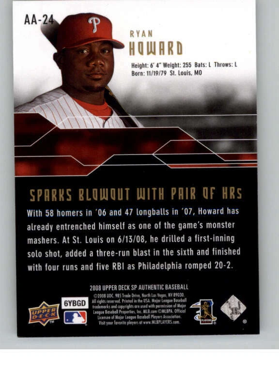 2008 SP Authentic Authentic Achievements #AA24 Ryan Howard (ref 137696) - Image 2 of 2