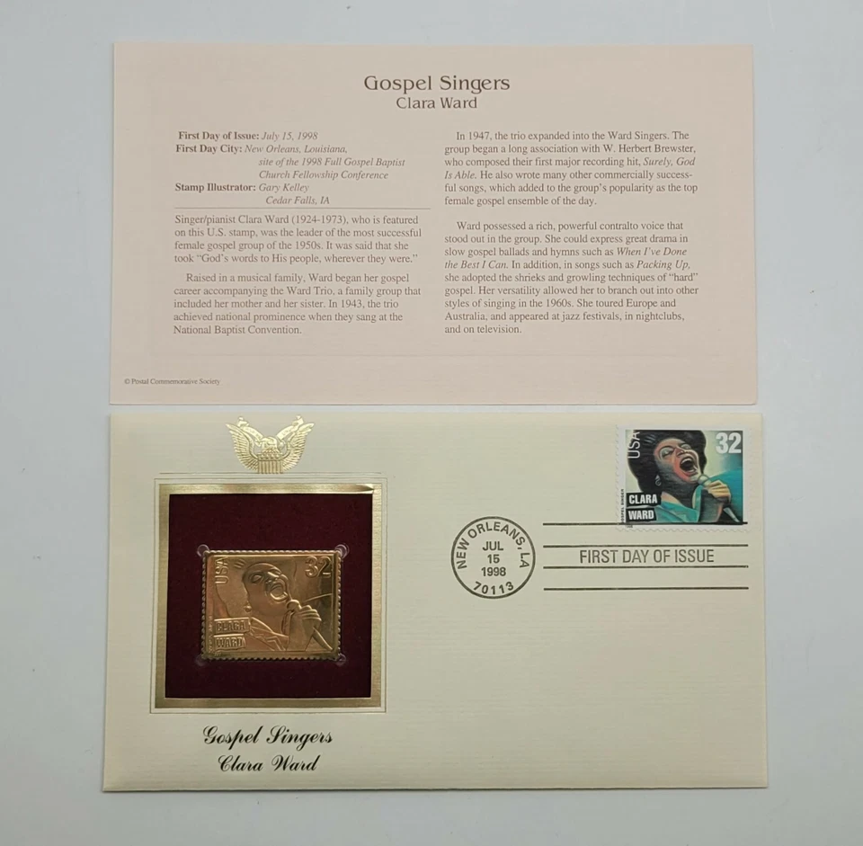 4 Gospel Singers 22kt Gold Stamps First Day of Issue 32 Cent Jul 15, 1998. STP34 - Image 3 of 4