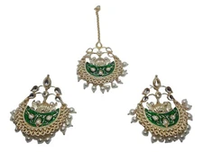 Indian Bollywood Style White Pearl Gold Plated Green Jhumka With Maang Tikka