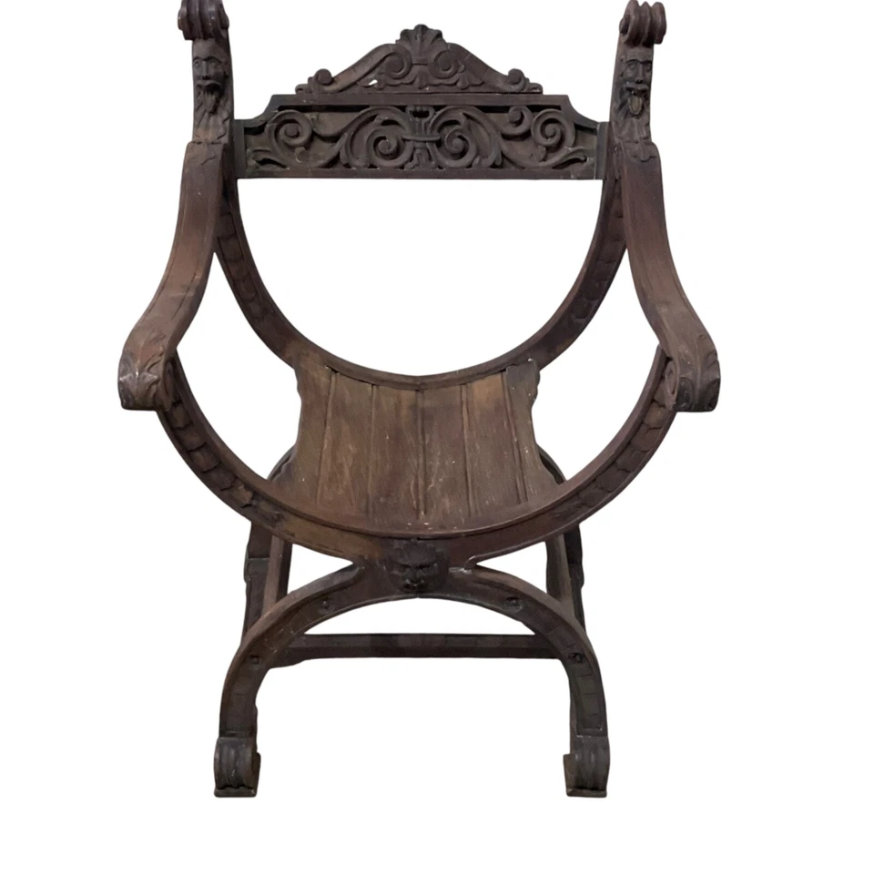 Antique baroque carved walnut arm chair Savonarola heads faces project fantasty - Image 2 of 4