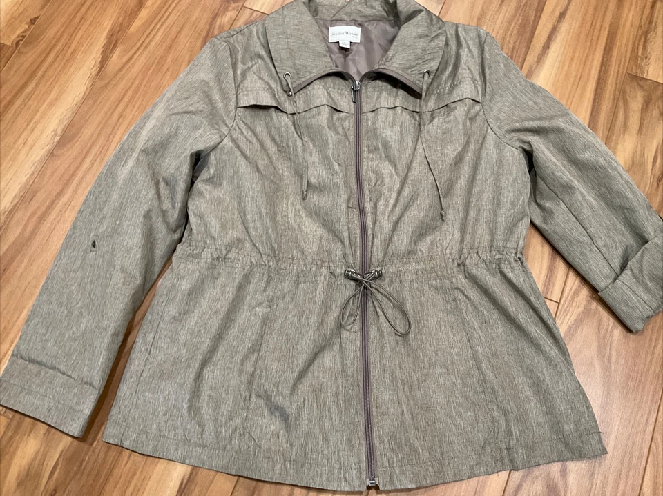 Womens Jacket Petite XL Brown Lightweight Tab Sleeve Elastic Waist Studio Works - Image 2 of 4