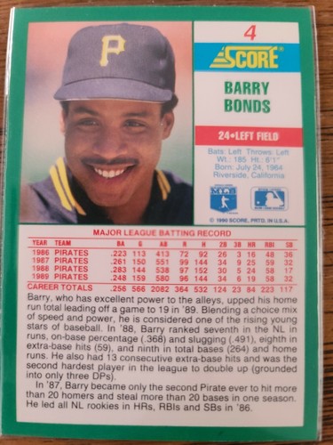 1990 Score Barry Bonds 4 Baseball Card EBay